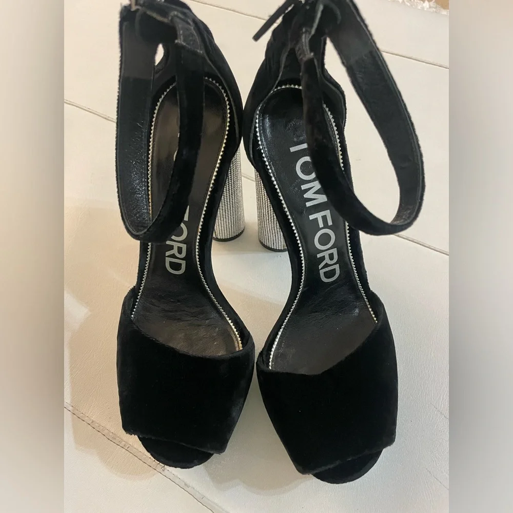 TOM FORD Black Velvet Crystal Holiday Platform Sandals 39